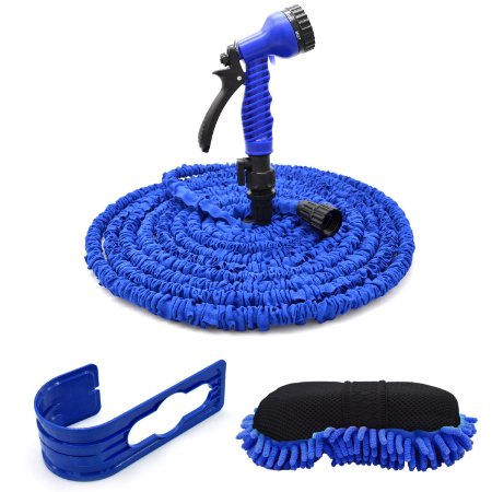 Expandable Lawn Garden Hose,eBerry 50 Foot Car Washing Hose for Watering Plants,Auto Wash,Cleaning Patio House or Garage with 7-way Spray Nozzle,Wash Sponge Pad and Plastic Hook (Plastic Connector)