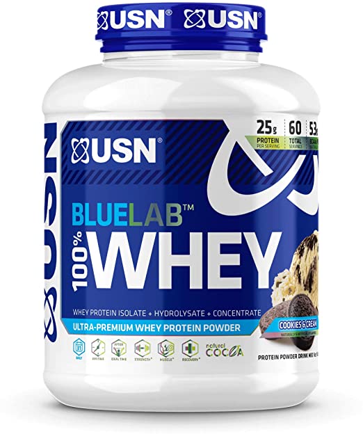 USN Supplements BlueLab 100 Percent Whey Protein Powder - Keto Friendly, Low Carb and Low Calorie, Cookies & Cream, 4.5 Pound