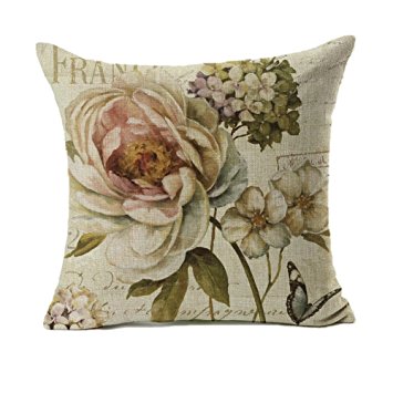Retro Vintage Flower Butterfly Home Decor Design Throw Pillow Cover Pillow Case 18 x 18 Inch Cotton Linen for Sofa(peony)