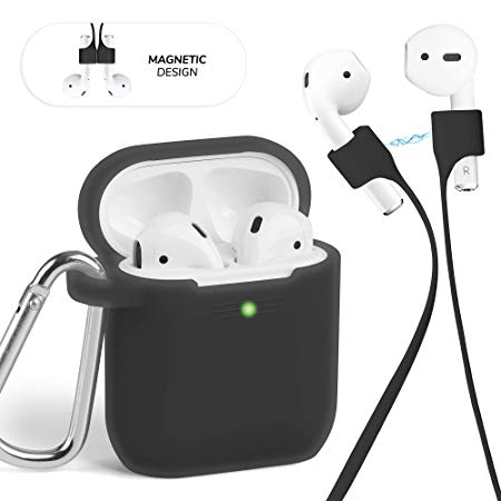 GMYLE AirPod Case Accessories Set, Protective Silicone Cover Skin with Keychain, Magnetic Strap Kit for Airpods Wireless Charging Earbuds Case, Compatible with Apple AirPods 1 & 2, Transparent Black