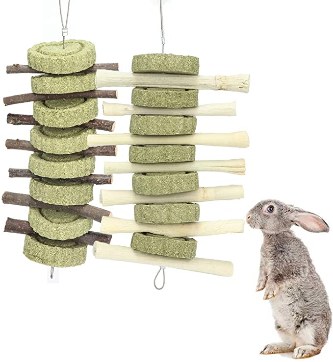 Rabbit Toys,Bunny Chew Toys for Teeth Grinding, Natural Apple Chewing Sticks with Grass Balls Improve Pets Dental Health for Rabbit, Chinchillas, Guinea Pigs, Hamsters, Totoro, Rodent(2 Pack)