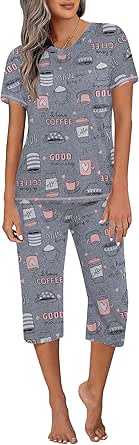 Ekouaer Women's Sleepwear Capri Pajama Sets Short Sleeve Two-Piece Pjs V Neck Tops & Capri Pants with Pockets S-3XL