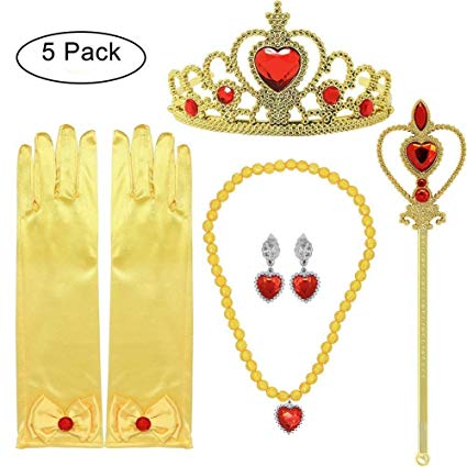 5pcs Princess Belle Dress up Accessories Set including Belle Necklace Crown Scepter Earrings Gloves Yellow for Princess Cosplay Fancy Dress