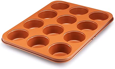 Gotham Steel 1388 Standard 12-Cup Muffin Pan with Nonstick Quick Release Copper Coating, Brownish