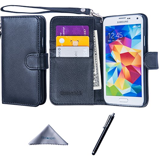 S5 Case, Wisdompro Premium PU Leather 2-in-1 Protective Flip/Folio Wallet Case with Multiple Credit Card/ID Card Holder/Slots and Wrist Lanyard for Samsung Galaxy S5 -Black with lanyard