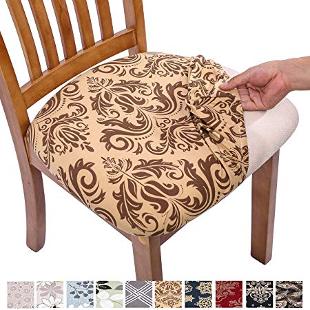 Comqualife Stretch Printed Dining Chair Seat Covers, Removable Washable Anti-Dust Upholstered Chair Seat Cover for Dining Room, Kitchen, Office (Set of 6, Gold)