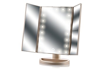 Asani Tri-Fold Lighted Magnification Makeup Mirror w/ 21 LED Lights & Touch Screen Controls - 1X / 2X & 3X Magnifying Cosmetic Vanity Mirrors - Travel Friendly Folding Design - Great Gift Idea (Gold)
