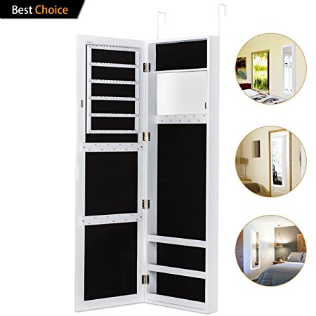 Jewelry Armoire with Mirror Door or Wall Mounted Jewelry Cabinet Organizer for Women,White