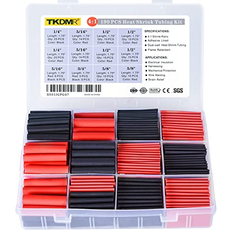 TKDMR 190 PCS Heat Shrink Tubing Kit - 1.75" Length 4:1 Ratio Adhesive Lined, Marine Grade Shrink Wrap - Industrial Heat-Shrink Tubing - Black