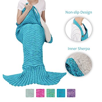Luxury Mermaid Tail Sherpa Blanket for Adult Teens, Knitted Mermaid Blanket with Plush Sherpa Reverse | Anti-slip Neck Strap Included | Super Thick, Warm | Perfect Gift for Christmas Holidays Blue