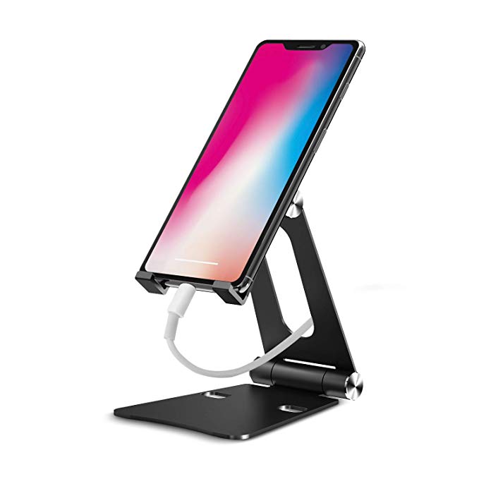 iKsee Cell Phone Stand, Adjustable Phone Stand, Dual Foldable Cell Phone Holder, Cradle, Dock for 4-10" Android Smartphone iPhone X 8 7 6 6s Plus 5 5s 5c iPad Mini, Desk Accessories-Black
