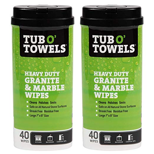 Tub O Towels Granite and Marble Surface Wipes - Clean, Polish, Seal, 40 Count, 2-Pack
