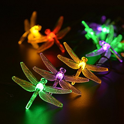 LEVIITEC Outdoor Solar Garden Lights, 30 LED Dragonfly Christmas Lights with Light Sensor, 8 Shining Modes for Garden Patio Lawn, Party Wedding Outdoor Decorations 19.7ft Waterproof (Multicolor)