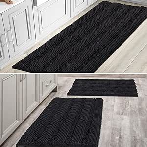 H.VERSAILTEX Item Striped Chenille Rug Pack 2-20" x 32"/17" x 24" and Pack 1-59" x 20" Bundle, Jet Black