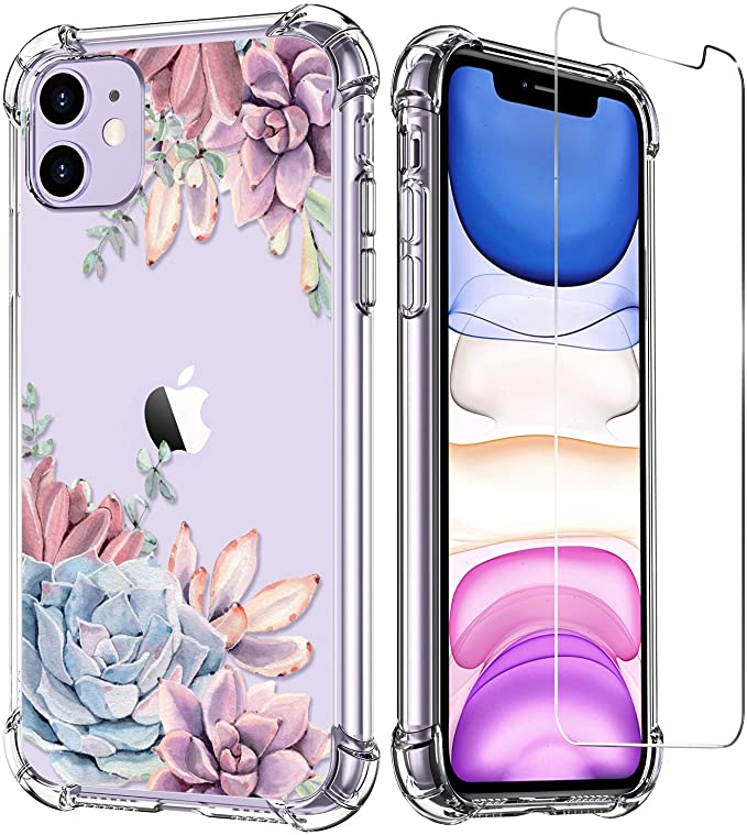 LUXVEER iPhone 11 Case with Tempered Glass Screen Protector,Purple Pink Flower Garden Pattern on Soft Clear TPU Cover for Girls Women,Slim Fit Protective Phone Case for Apple iPhone 11 6.1 inch