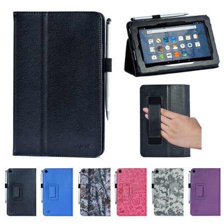 Amazon Fire case, i-UniK Amazon Fire 7" Display Wi-Fi 8 GB Tablet 5th Generation 2015 Release Classic Leather Case Bonus Stylus Pen (Black)