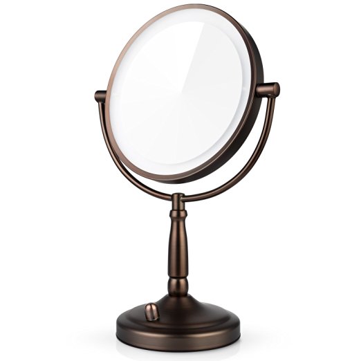 Miusco 7X Lighted Magnifying Double Side Cosmetic Makeup Mirror, Battery and AC Adapter Operated, 8 inch, Bronze