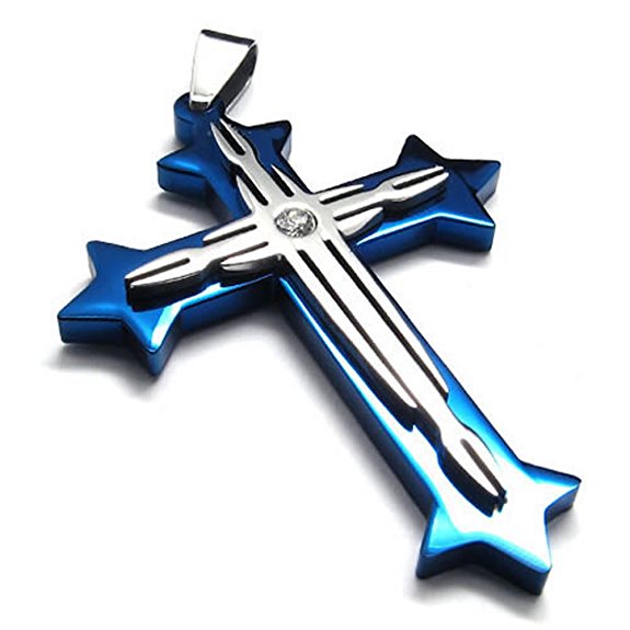 KONOV Blue Silver Stainless Steel Necklace Cross Mens Womens Pendant 24 inches Chain