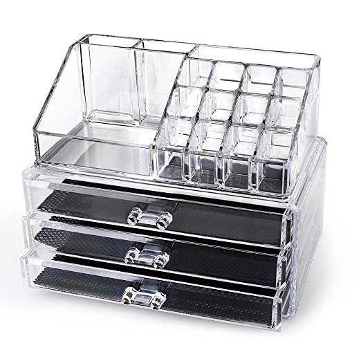 SortWise ® [DIY Buildable - L] Detachable 3 Drawers Acrylic Cosmetic Makeup Cosmetics Organizer Clear Storage Container Box Case Multipurpose / 9.4" X 7.5", 2 pieces set (19 Grids / Compartments Sections, Transparent)