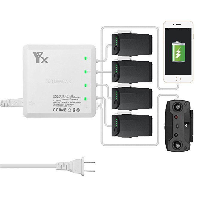 [Upgrade] Mavic Air Battery Charger, Powerextra 104W Mavic Air 6 in 1 Rapid Intelligent Multi Battery Charger Hub (Charge 4 Batteries & 2 USB Ports Simultaneously)