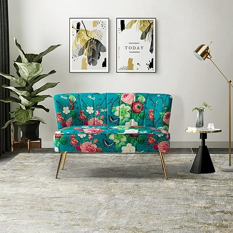 HULALA HOME Mid-Century Loveseat Sofa with Metal Legs, Comfy Upholstered Small Love Seat Couch, Floral Patterns 2-Seat Armless Couch with Tufted Back for Living Room, Apartment Small Spaces(Blue)