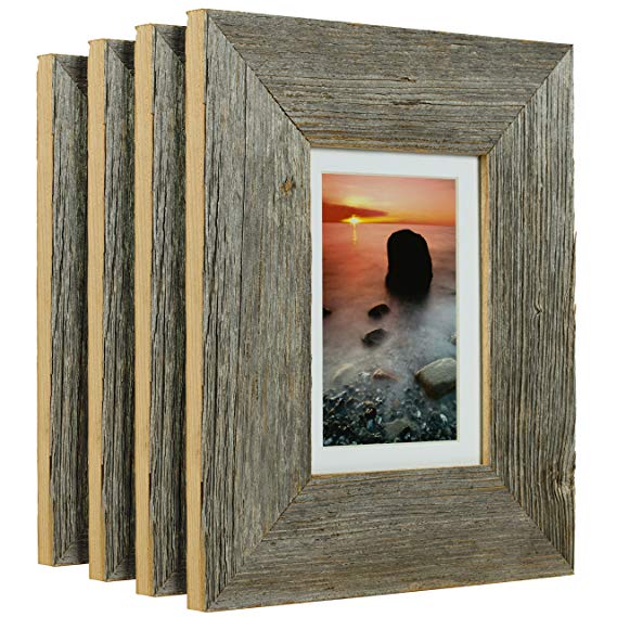 Craig Frames 5 x 7-Inch Reclaimed Barnwood Picture Frame with Single White Mat for Displaying a 4 x 6-Inch Photo, Weathered Light Natural, Set of 4