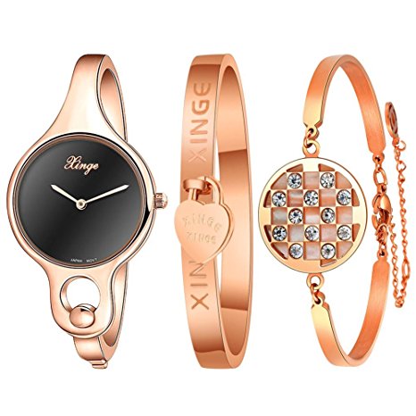 Xinge Women's Rose Gold Bangle Watches and Bracelets Set Black Dial with 2 Hands XG3678BR&0620