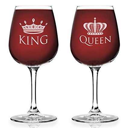 King and Queen 12.75 oz. Wine Glass Set- Cool Gift Idea for Wedding, Anniversary, Newlyweds, and Couples (Set of 2)