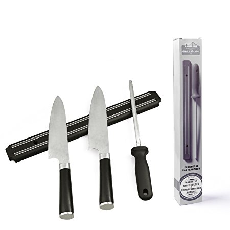 Black Magnetic Kitchen Knife Holder - 15 inch Strip - Storage Bar Strip | Multi-purpose Tool Rack  Bonus Knife Sharpener Rod Included