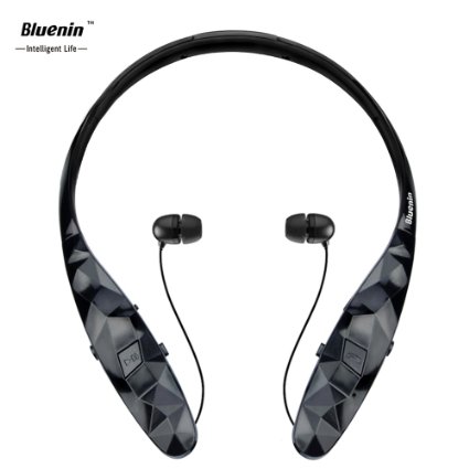 Bluetooth Headsets, Bluenin 970 Wireless Retractable Sweatproof Sports Running Neckband Headphones Built-in Mic with Noise Cancellation for iPhone Android and other Bluetooth Enable Device (Black)