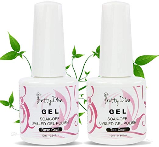 PrettyDiva Gel Nail Polish Base and Top Coat Set Soak Off UV LED Gel Nail Lacquer (Base and No Wipe Top Coat)