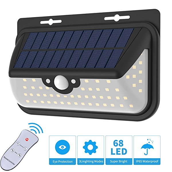 Solar Lights Outdoor, Motion Sensor Wall Lights with 68 Super Bright LED, Wide Angle,Remote Control,Wireless Waterproof Solar Lights Security Lights for Front Door,Patio,Deck,Yard,Garden