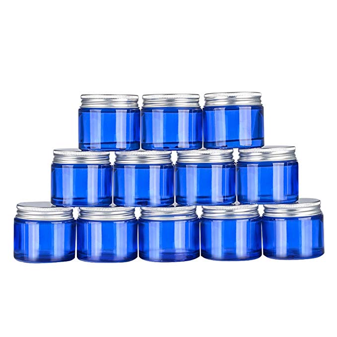 12 pack 2oz Empty Blue Glass Cosmetics Jars,Glass Round Jars Bottles,with White Inner Liners and Sliver Lids.Glass Jars Prefect for Cosmetics and Face cream Lotion.