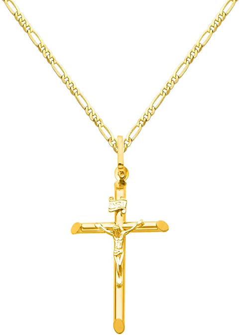 The World Jewelry Center 14k Real Yellow Gold Crucifix Cross Pendant with 2mm Figaro Chain Necklace