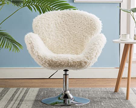 CIMOO White Makeup Vanity Chair, Cute Furry Home Office Chair with Wheels Arms, Fluffy Swivel Accent Chair for Girls Bedroom Living Room, Cream Curly Fur