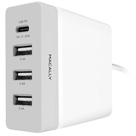 Macally USB Type-C 72W 4-Port USB Wall Charger with Power Delivery & 5 Feet Cable for the MacBook Pro, Macbook, Google Chromebook Pixel, Google Nexus 5X 6P, iPhone 7 7 Plus, iPad, etc. (HOME72UC)