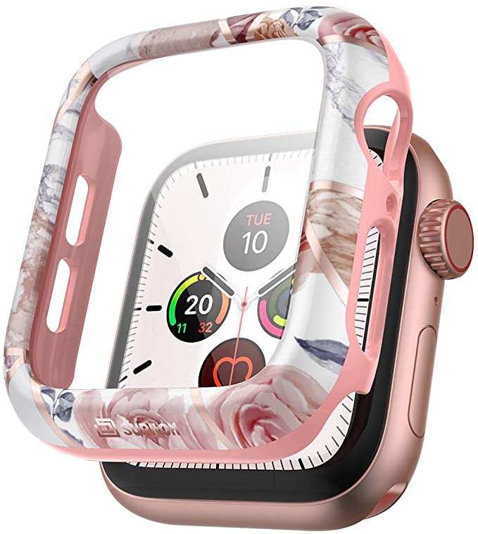SURITCH Case for Apple Watch Series 4/Series 5 40mm with Built in Tempered Glass Screen Protector HD Clear Shockproof Slim Bumper Hard PC Cover Full Protective Case for iwatch Series 5/4(Rose Marble)