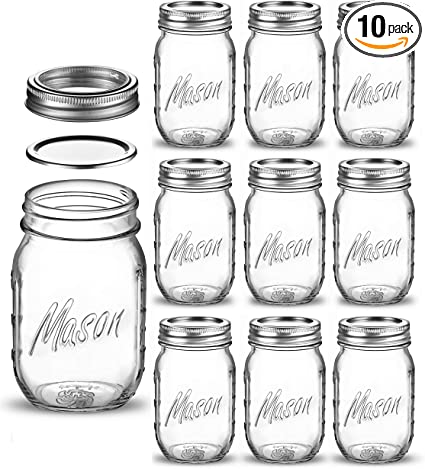 Regular Mouth Glass Mason Jars, 16 Ounce Glass Canning Jars with Silver Metal Airtight Lids and Bands with Measurement Marks, for Canning, Preserving, Meal Prep, Overnight Oats, Jam, Jelly, (10 Pack)