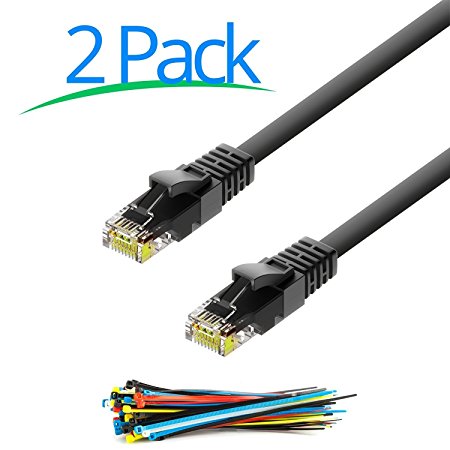 Maximm Cat6 Snagless Ethernet Cable 25 Feet - Black - 2-Pack Internet RJ45 Gigabit Cat6e Lan Cable For Fast Network & Computer Networking   Cable Ties