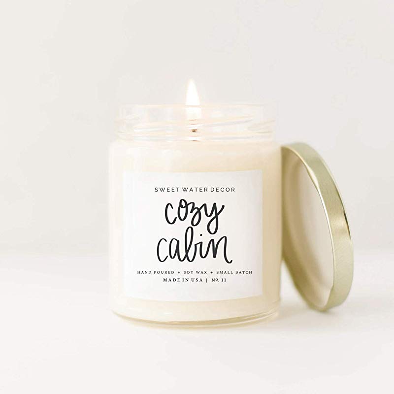Cozy Cabin Natural Soy Wax Candle Glass Jar Scented Orange Zest Cinnamon Cranberry Woods Bayberry Fall Holiday Christmas Winter Made in USA Bathroom Accessories Stocking Stuffer Lead Free Wick