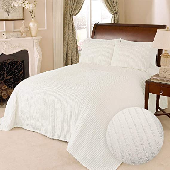HowPlum 100% Cotton Tufted Chenille Stripe Textured Twin Bedspread Lightweight Bedding Coverlet, White