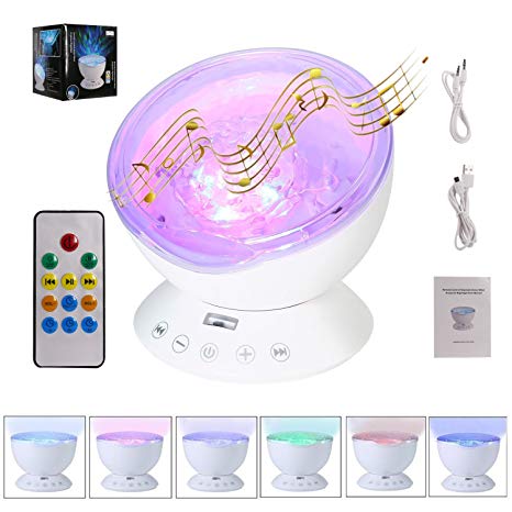 Ocean Wave Projector with Remote Control ALED Light Night Light Projector with Built-in HD Music Player 7 Colors Changing Modes Night Lamp for Bedroom/Baby Nursery Room/Living Room (White)