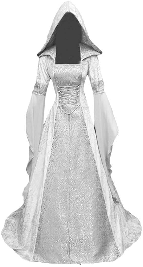 ZEFOTIM Womens Medieval Dress, Women's Fashion Long Sleeve Hooded Medieval Dress Floor Length Cosplay Dress