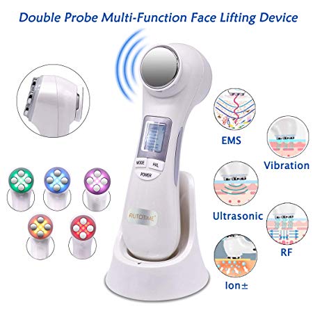 Radio Frequency Skin Tightening Machine 6 in 1 EMS Massager RF Facial Lifting Machine with 5 Color Lights Ion for Wrinkle Remove Anti-aging Skin Rejuvenation Multifunctional Beauty Device