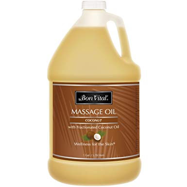 Bon Vital' Coconut Massage Oil Made with 100% Pure Fractionated Coconut Oil to Repair Dry Skin, Used by Massage Therapists and At-Home Use for Therapeutic Massages and Relaxation, 1 Gallon Bottle