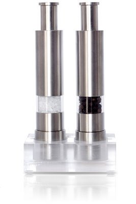 Grind Gourmet Original Pump & Grind Stainless Steel Salt and Pepper Mills, salt and pepper grinders available in stainless, red and black sets with Free Salt and Pepper packets and Stands.