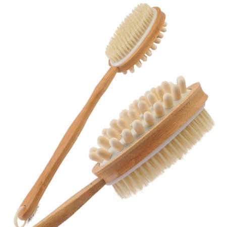 Brusybrush Bath Brush with Natural Bristles for Dry Skin Brush Cellulite Massage Detox Exfoliating Back Scrub and Shower 17 Long Wooden Handle