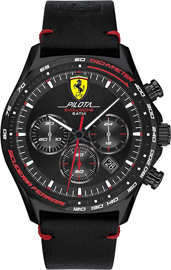 Ferrari Men's Pilota Evo Stainless Steel Quartz Watch with Leather Calfskin Strap, Black, 22 (Model: 0830712)