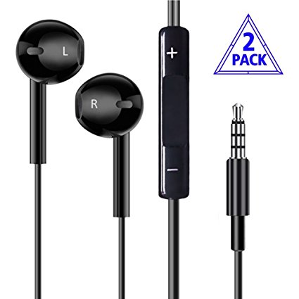 Earphones with Microphone - 2 Pack Premium Earbuds Stereo Headphones and Noise Isolating headset for Apple iPhone iPod iPad Samsung Galaxy LG HTC