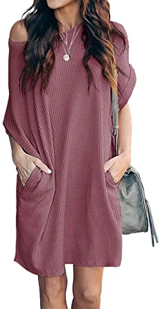 IHOT Women's Casual Summer Short Sleeve Waffle Knit Tunic Loose Soft Dresses with Pockets
